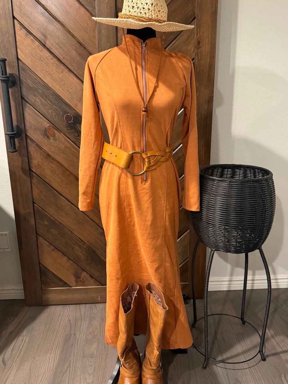 Zip-Front Midi Dress in Warm Orange - Picture 1 of 8